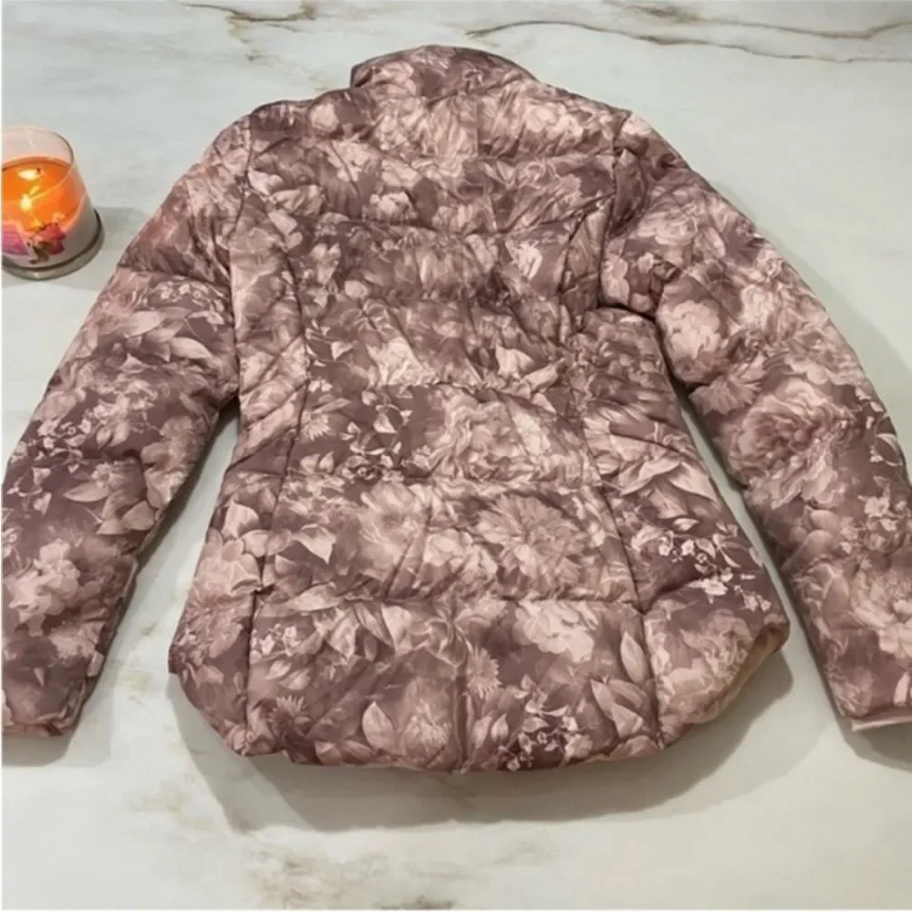 Athleta Downtown Printed Jacket in Antoinette Floral Pink Down Coat